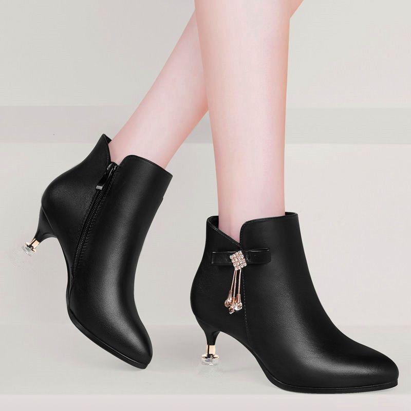 Rhinestone Pointed Toe Ankle Boots for Women Autumn Winter Elegant with Medium Heels Warm Woman Short Shoes Black New in Booties