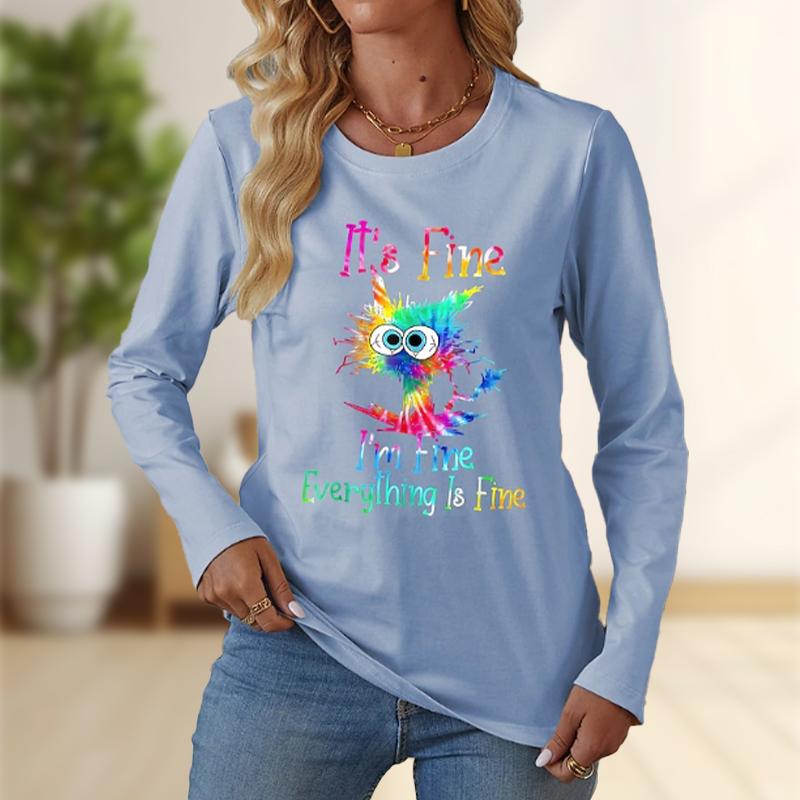 Tops For Women Colorful Explosive Cat Print Round Neck Long Sleeve T-shirt Fall Casual Slim Pullover Women's Long Sleeve Top