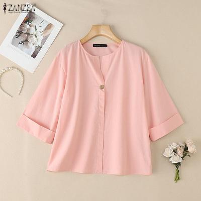 Women Casual Round Neck Loose Half Sleeve Cotton Blouse