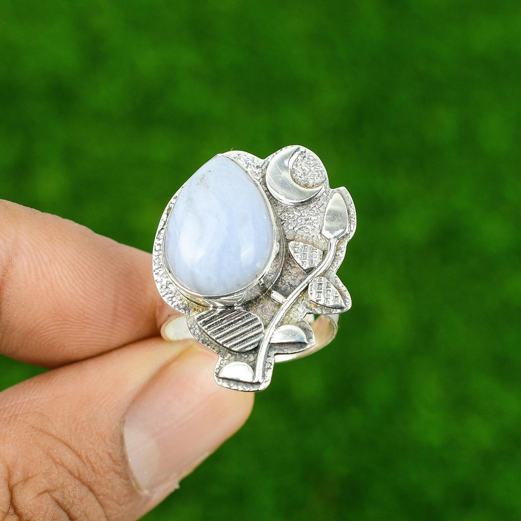 Natural Blue Lace Agate 925 Silver Trendy Cescent Moon Sister Stackable New Ring