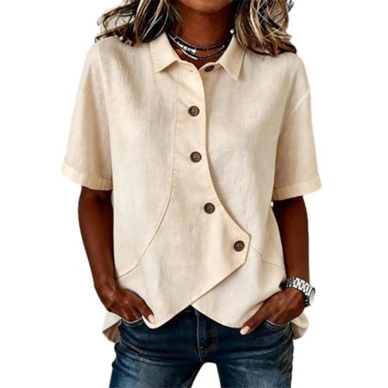 Women Shirt Lapel Short Sleeve Irregular Buttons Placket Shirt Tops Pure Color Loose Fit Summer Casual Shirt M абрикосовый