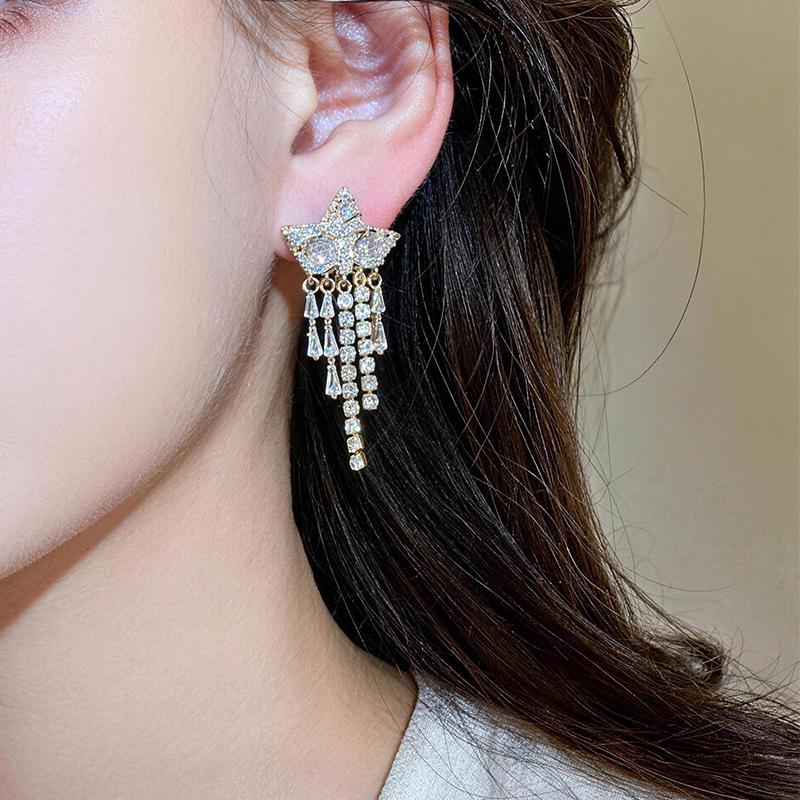 18k Gold Plated Star Tassel Zirconia Ear Clip Earrings: Fashionable and Elegant Design for Women