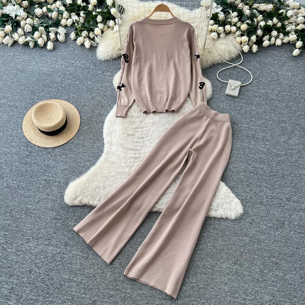 Autumn Winter Sweet Bow Jacquard Sweater and Pants Two-Piece Set Women's Knitted Cardigan High-Waisted Wide-Leg Pants Suits