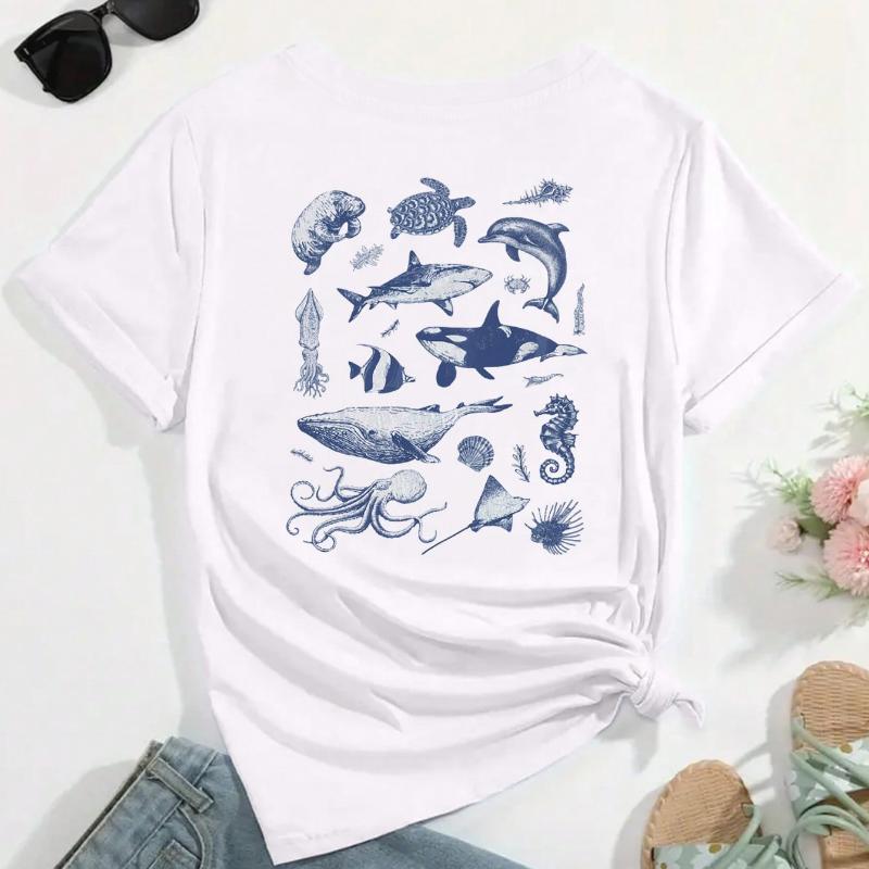 Letní Módní Unisex Volné Dovolenkové Topy Krátký Rukáv Bavlna Vintage Grafická Trička S Vzorem Podmořského Života Na Zádech Tričko