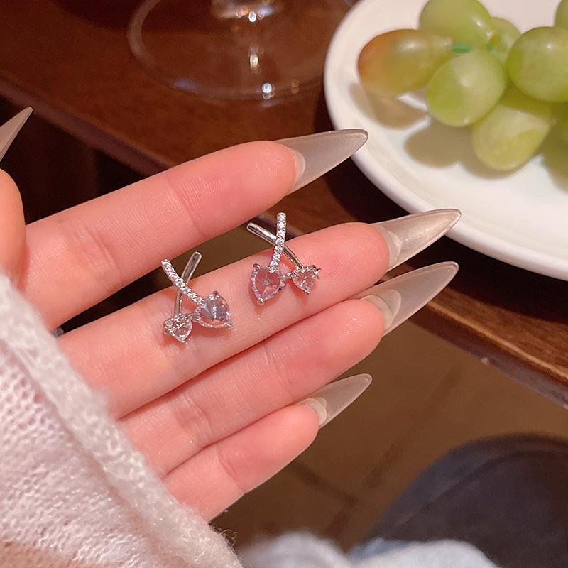 LATS Korean Sweet and Delicate Zircon Cherry Heart Stud Earrings for Women 925 Silver Post Small Cross Earring Fashion Jewelry