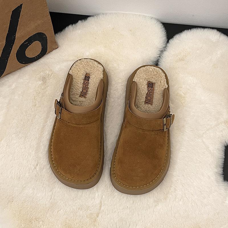 Stylish, Simple and Versatile Baotou Drag Women 2025 Autumn and Winter New Outer Wear Belt Buckle Thick Sole Height Increase Home Mao Mao Shoes