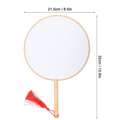 Classical Wooden Handle Round Silk Classical Fan Tassel Handle Fan Gift Decoration(Round Wooden Handle White Silk Cloth )