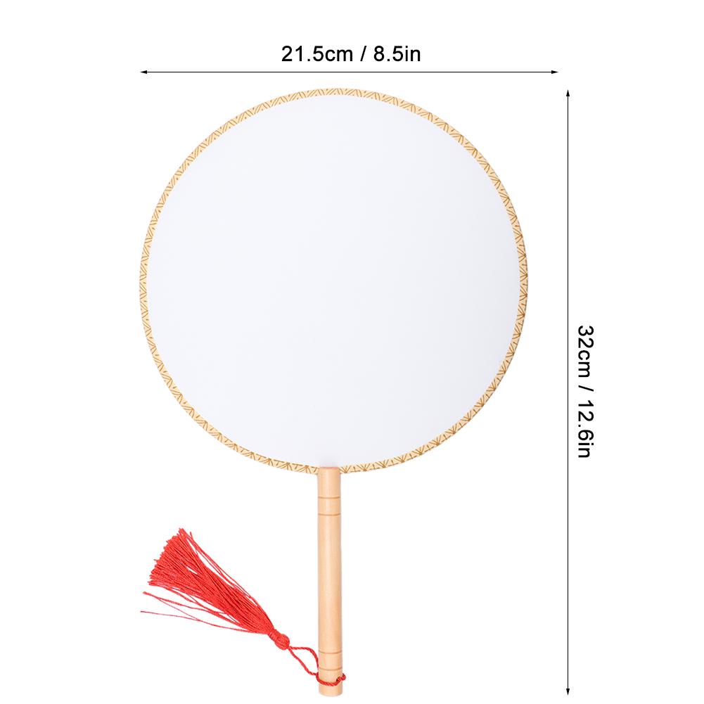 Classical Wooden Handle Round Silk Classical Fan Tassel Handle Fan Gift Decoration(Round wooden handle white silk cloth )