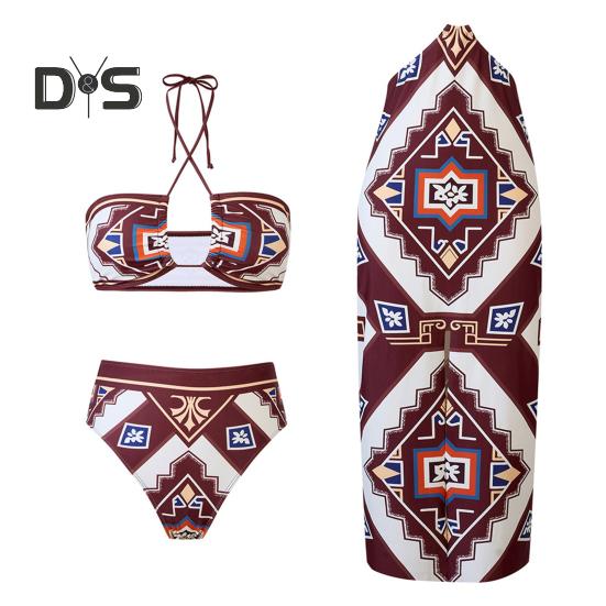 

3 шт./компл. женский купальник, комплект со шнуровкой, бюстгальтер-бандо на шее, трусы с высокой талией и пляжная юбка, винтажный печатный узор, купальники S кофейный