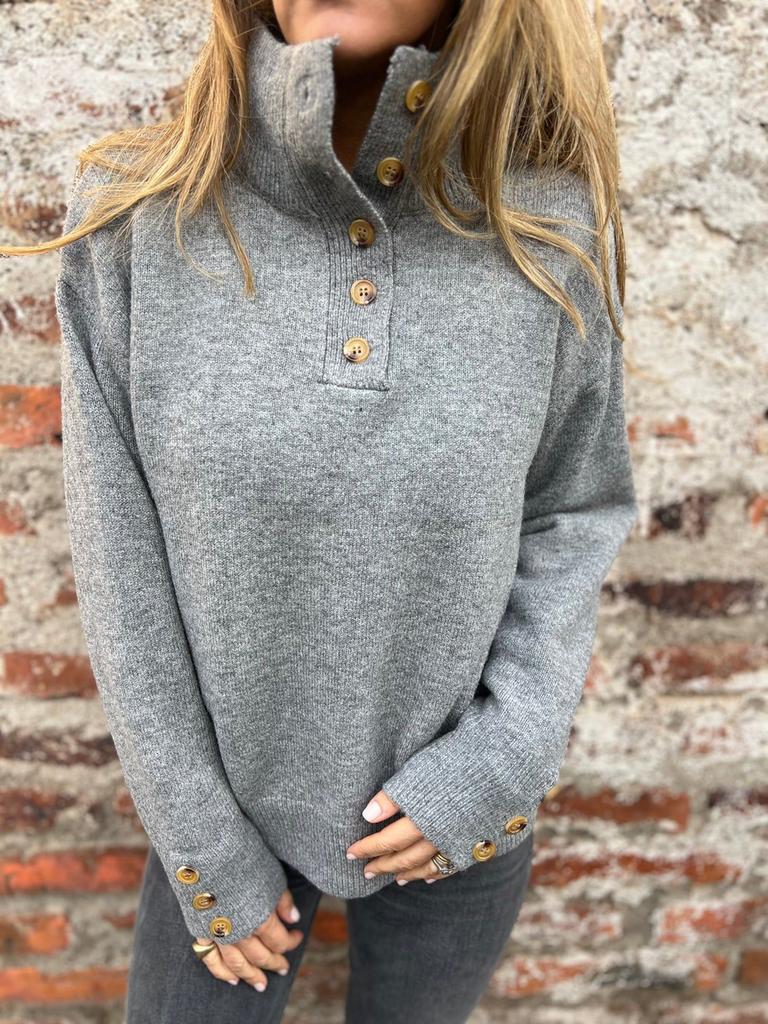 Autumn New Style Stand Collar Knit Sweater Women's Casual Loose Pullover with Buttons