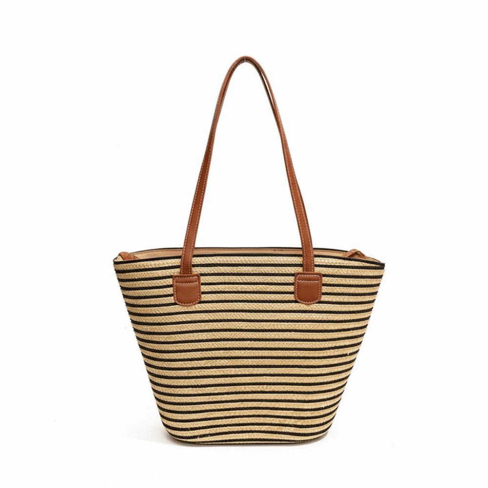 Fashion Straw Tote Bag Stripe Large Capacity Woven Shoulder Bag Square with Zipper Vacation Beach Bag