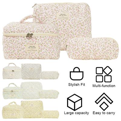 Trousse de Maquillage Matelassée pour Femmes Sac Organisateur de Cosmétiques avec Pochette & Étui à Stylo Trousse de Toilette Esthétique Coton Sac de Voyage Extérieur