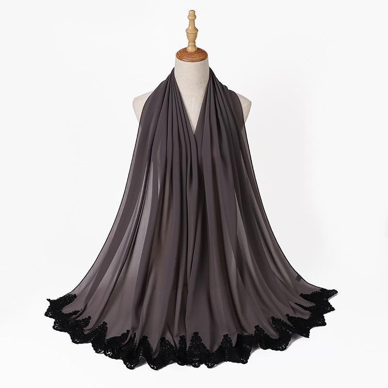 New Pearl Chiffon Malaysia Fashion Black Lace Scarves Muslim Shawl Plain Soft Turban Head Wraps Headband