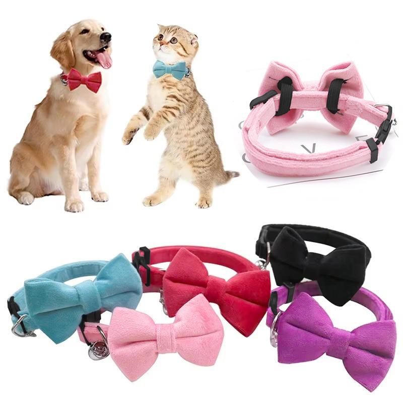 1PC Cute Pet Suede Bow Tie Collar with Bell Breakaway Adjustable Solid Color Safety Collar for Kitten Puppy