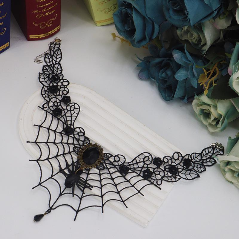 Gothic Halloween Skull Flower Hairband and Lace Necklace Set for Women