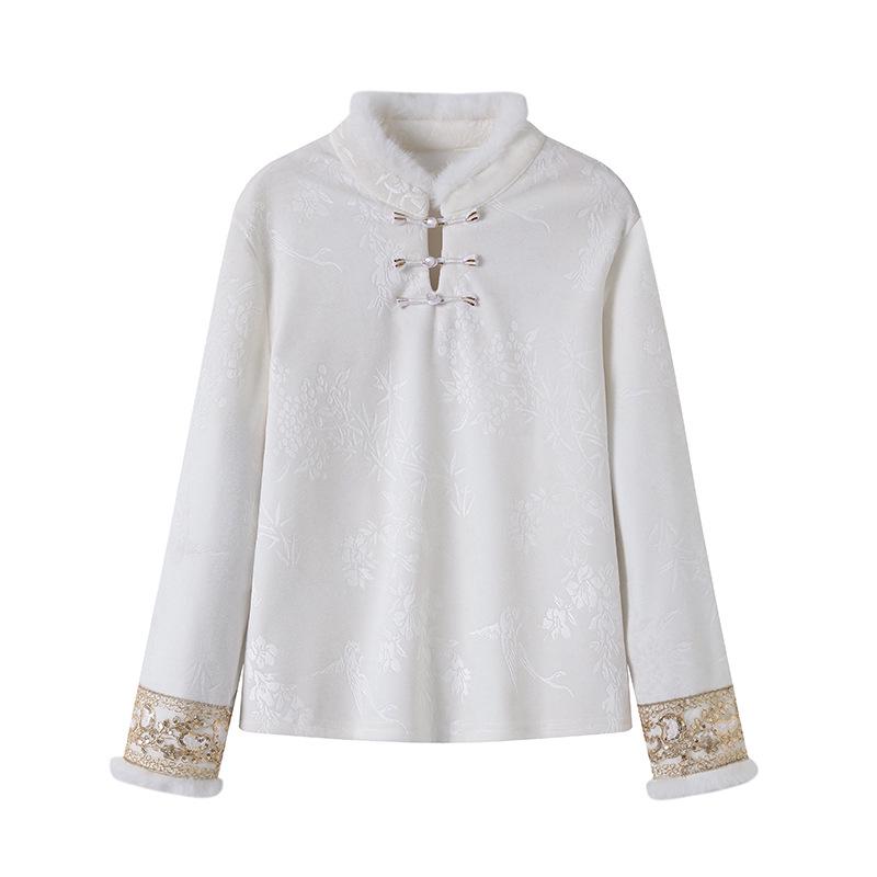 Women's Embroidered Jacquard T-shirt with Frog Button, Plus Velvet, Long Sleeve - New Chinese Style, Autumn/Winter.
