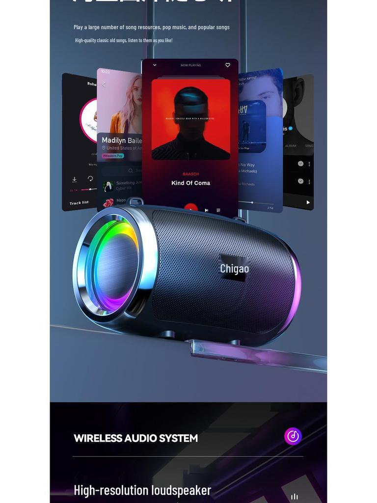 KI-gestützter tragbarer Bluetooth-Lautsprecher mit Farblicht & Subwoofer für den Innen-/Außenbereich