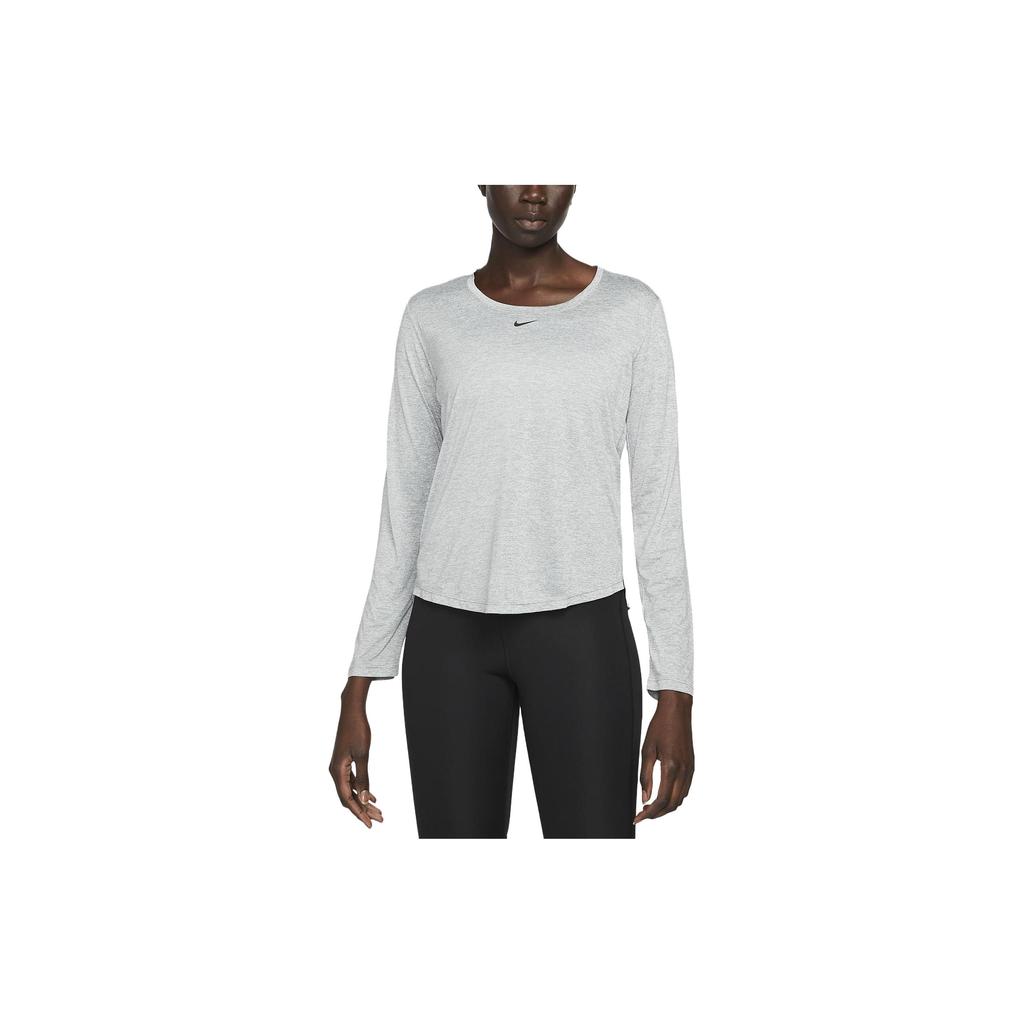 Nike Dri-FIT One Solid Logo Round Neck Long Sleeve T-Shirt Women Tops Light-Gray DD0642-073