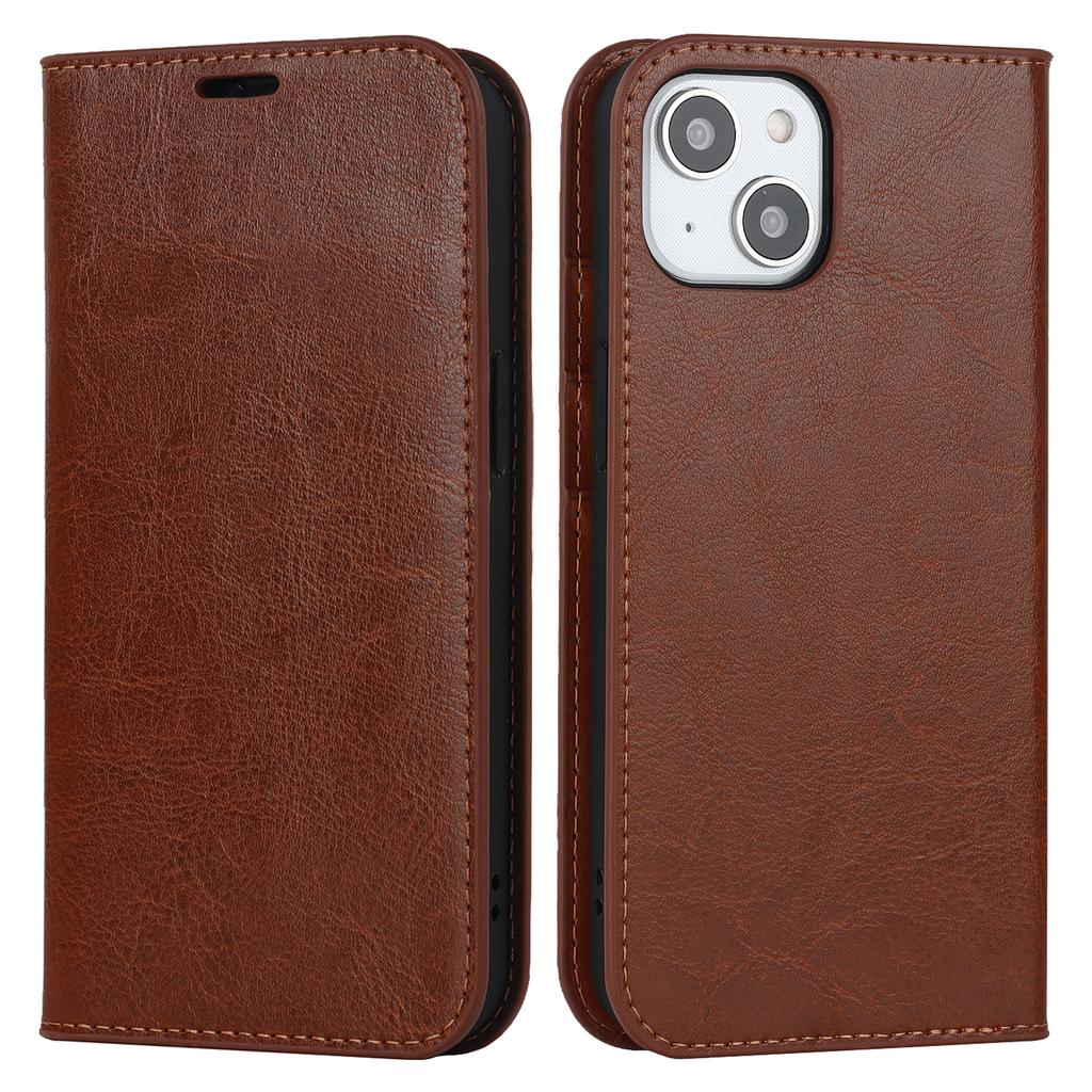 For iPhone 15 Plus Crazy Horse Texture Flip Stand Wallet Cover Genuine Cow Leather Phone Case