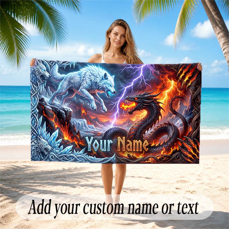 Wolf Theme Beach Towel Personalized Custom Name & Text Soft Quick Dry Beach Towel for Swimming Travel