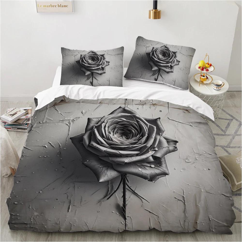 3pcs Black Grey Rose 3D Printed Beding Set Soft Washable Soft Duvet Cover Set King Quen Twin Sized Dimensions Birthday Gift Bedrom Decoration