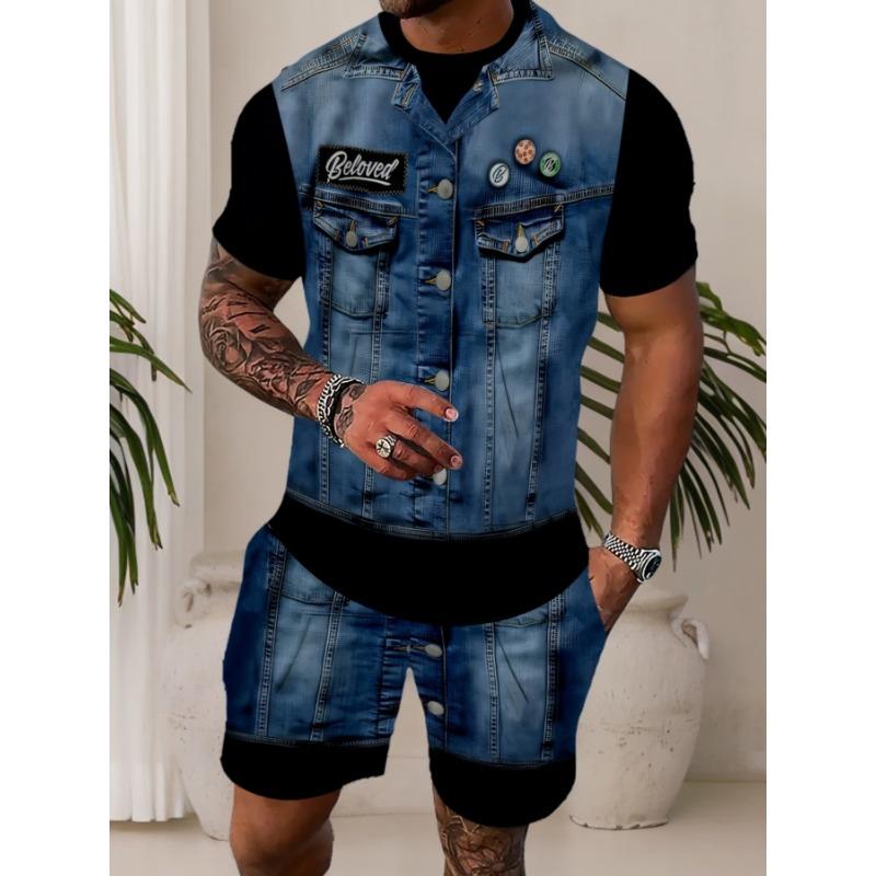 Men s digital pattern print summer fashion two-piece set S
