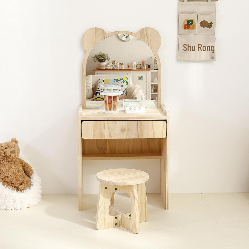 Korean Princess Solid Wood Children's Dressing Table and Stool Set for Girls' Room