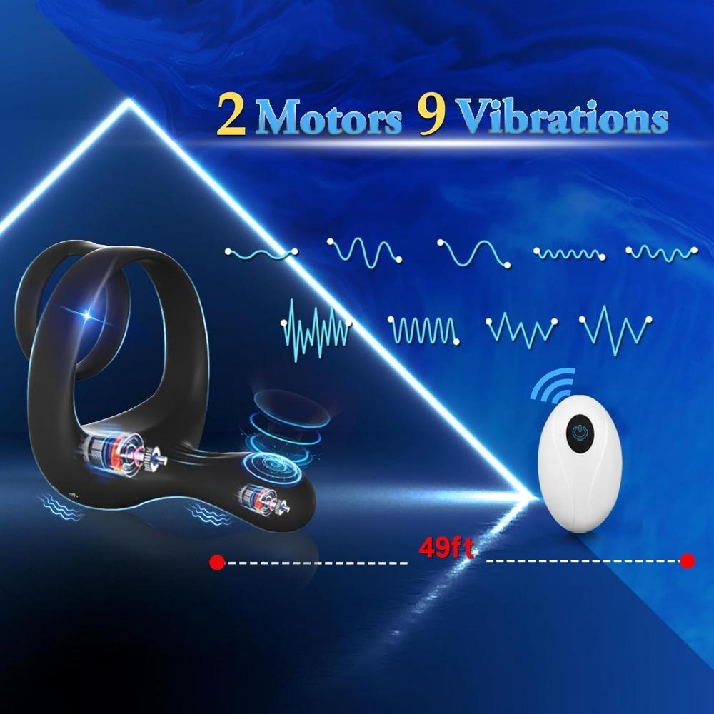 Vibrating Silicone Cock Ring - Dual Motors 9 Vibration Modes Remote Control Couples Male Sex Toy for Men