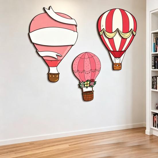 3 Pcs Hot Air Balloon Wall Decor Boho Wooden Nursery Wall Art Vintage Pink White Wall Sculpture for Living Room Bedroom Playroom