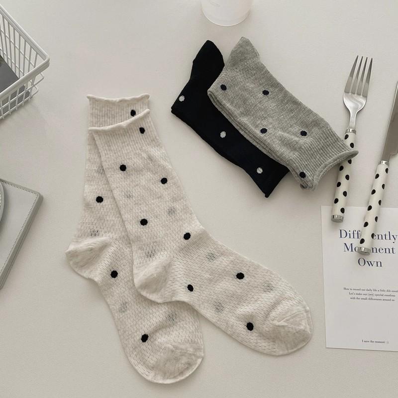 Women's Polka Dot Mid-Calf Cotton Socks with Rolled Cuffs - Retro Mesh, Breathable, Slouchy, Versatile, Casual Style