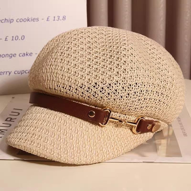 Hollow Breathable Leather Buckle Octagonal Hat Classic Woven Straw Hat Casual Versatile Literary Sunshade Painter Hat