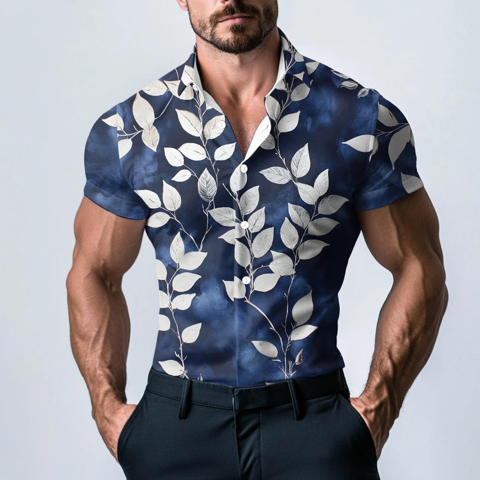 

Мужская модная атласная рубашка с коротким рукавом с принтом XL тёмно-синий