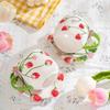 3D 350ml Handmade Ceramic Strawberry Coffee Mug with Saucer Set, Relief Floral Design, Kawaii Tea Cup