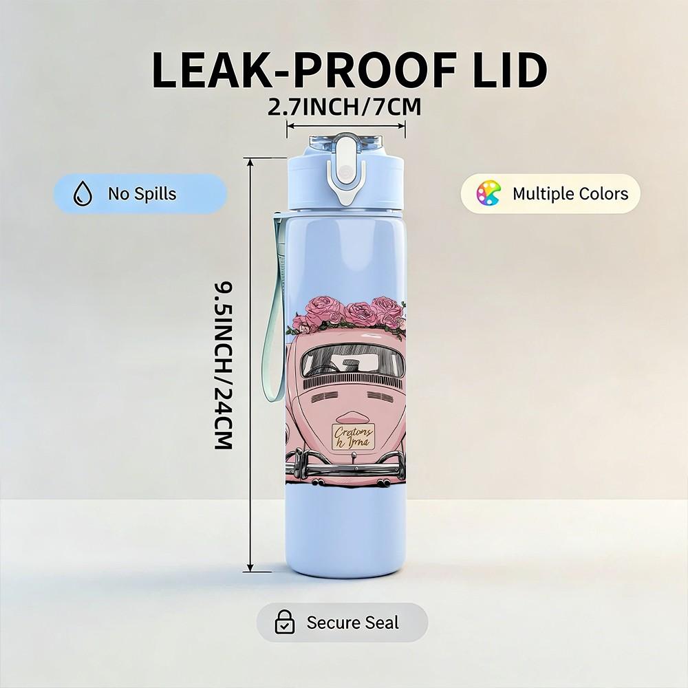 1PC Pink Car Vintage Retro Pattern 750ml Color Plastic Sports Water Bottle Leakproof Flip Straw Lid Suitable for Sports Office Home Use