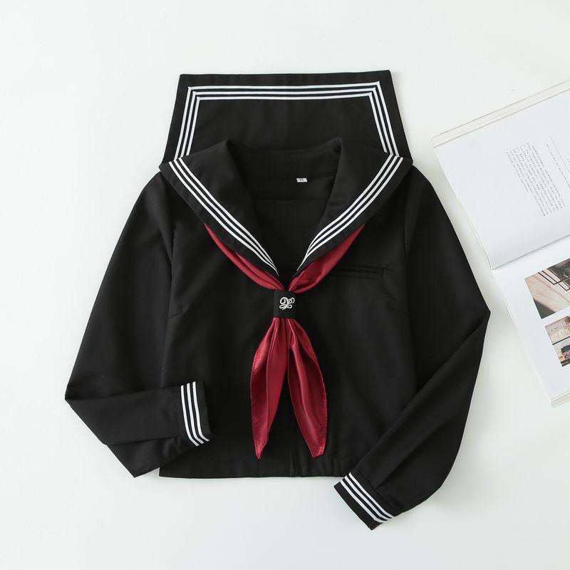 

Huaqing Long Sleeves JK Uniform Skirt Basic Style Authentic Sailor Suit Japanese College Style Black Three Books Long-Sleeved Shirt Suit Single Long sleeves + red scarf M
