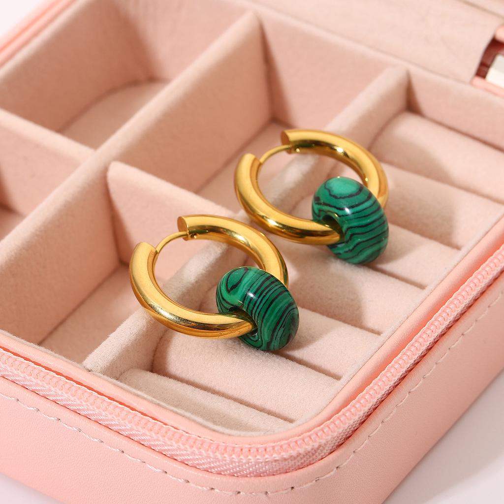 Drop shipping 1 pcs gold plated tarnish free stainless steel hoop earring jewelry green malachite natural stone huggie earrings