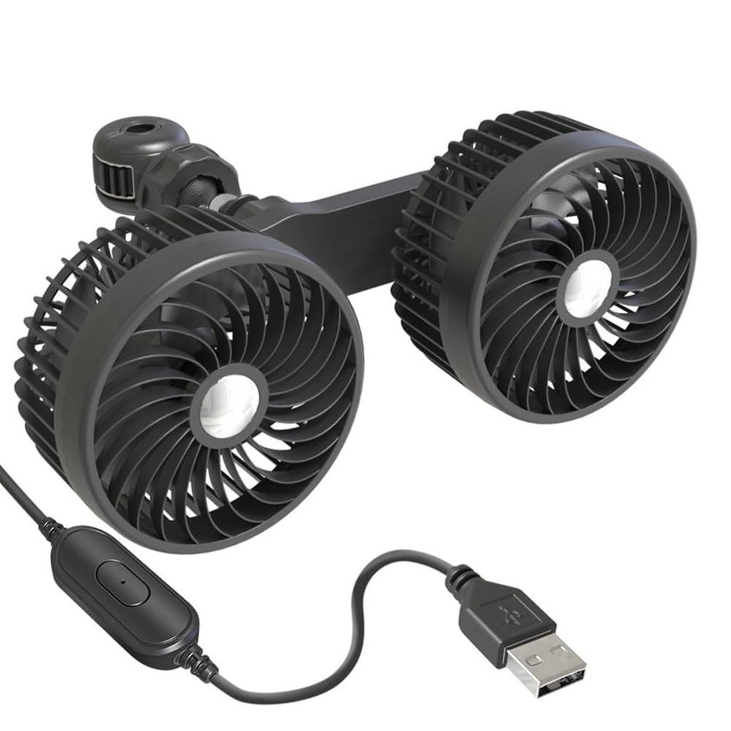 Dual Head Car Fan USB Powered 5V Portable Vehicle Cooling Fan with Suction Cup Mount Adjustable Angle for 12V 24V Cars Trucks
