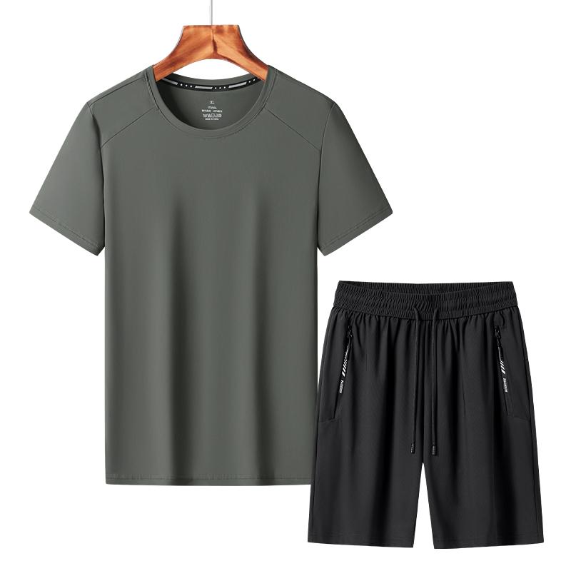 

Ice Silk Quick-drying T-shirt Men s Five-piece Pants Two-piece Set Breathable Round Neck Short-sleeved Suit Men s Sports Shorts Suit 2XL армия зеленый