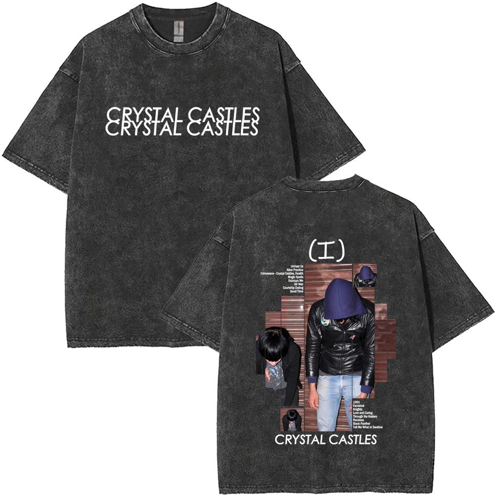 T-shirt Grafica Vintage Lavata Crystal Castles Uomo Donna Retro Gotica Rock Oversize T-shirt Maschile Cotone di Alta Qualità
