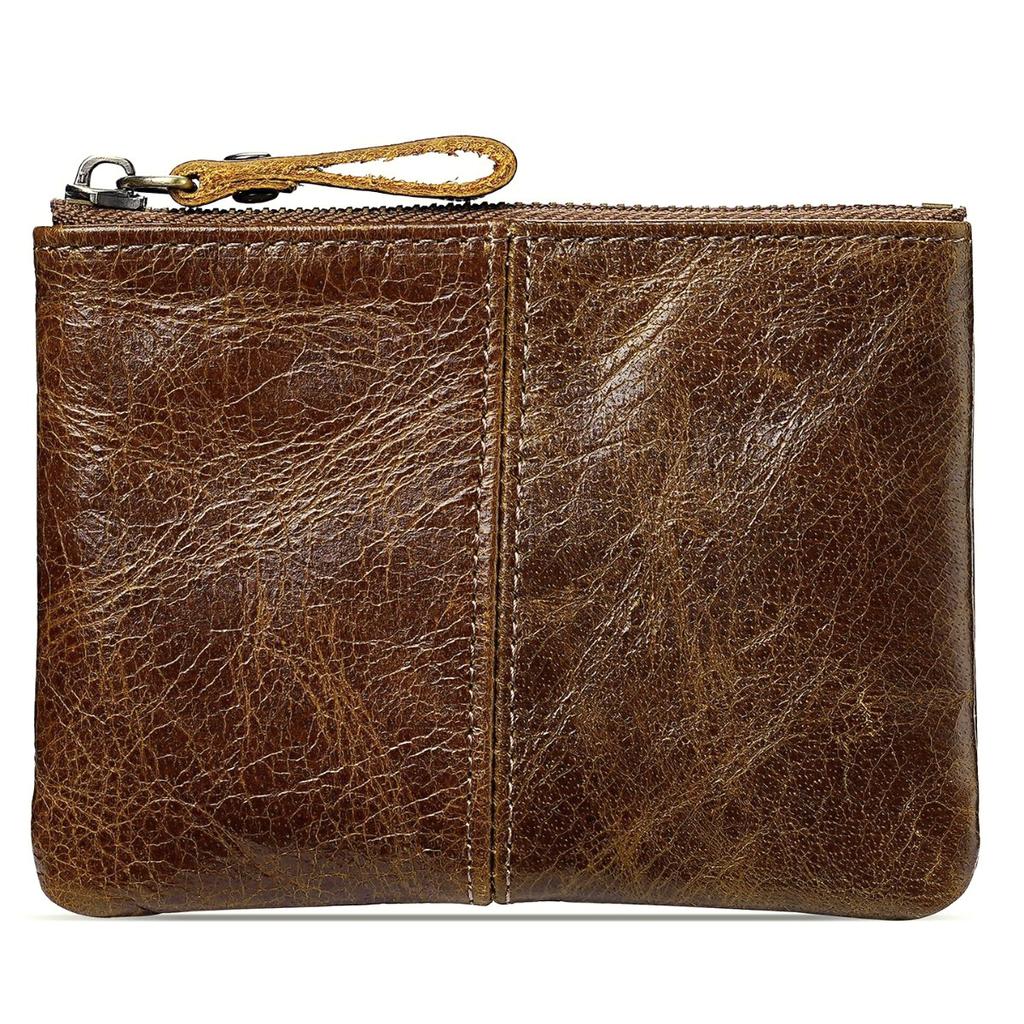 Mens and Women Retro Real Leather Zipper Wallet Card Holder Small Coins Keys Pocket Money Storage Pouch with Chain Key-ring
