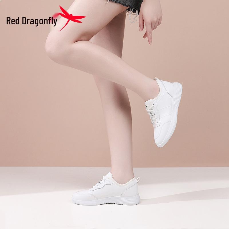 Red Dragonfly Women's Spring Leather Casual Sports Shoes - Genuine Leather, Soft Sole, Waterproof Little White Shoes