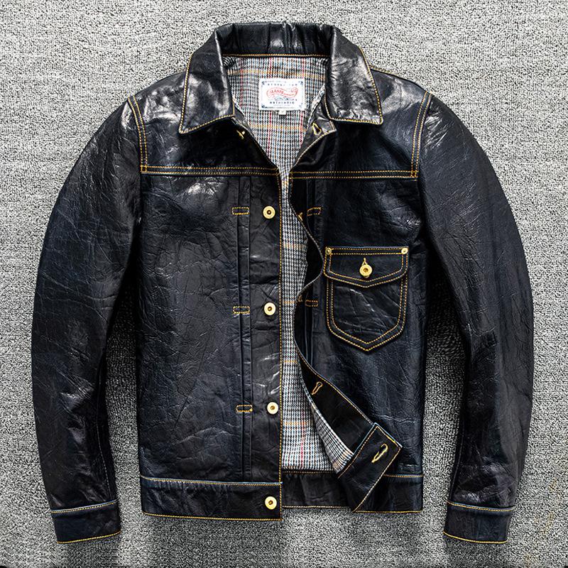 

Куртка из овчины высшего слоя для мужчин, куртка из масляного воска, осенне-зимняя повседневная куртка, куртка из натуральной кожи 4XL синий