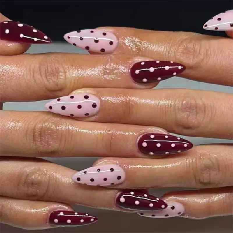 24Pcs Autumn Brown Almond Press On Nails Pink Bow Pearl Dot French Tip False Nails Art Manicure