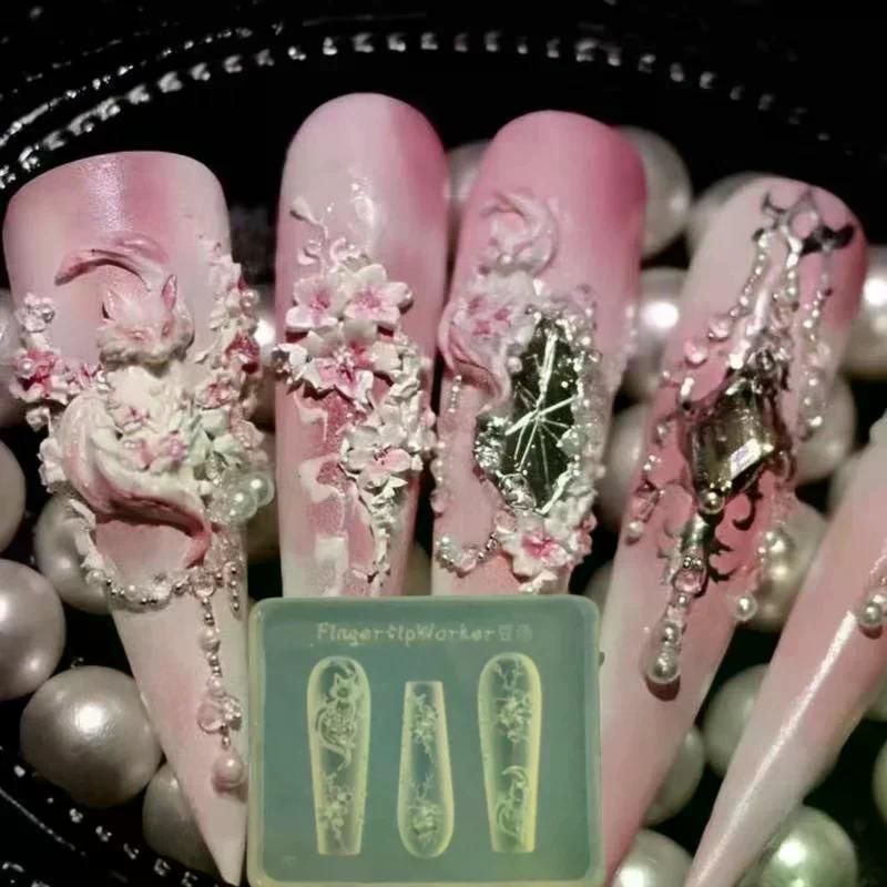 Flower Fox Transparent Silicone Nail Molds DIY Nail Art Decoration Manicure Design Tools 3D Acrylic Nail Art Carving Mold Charms