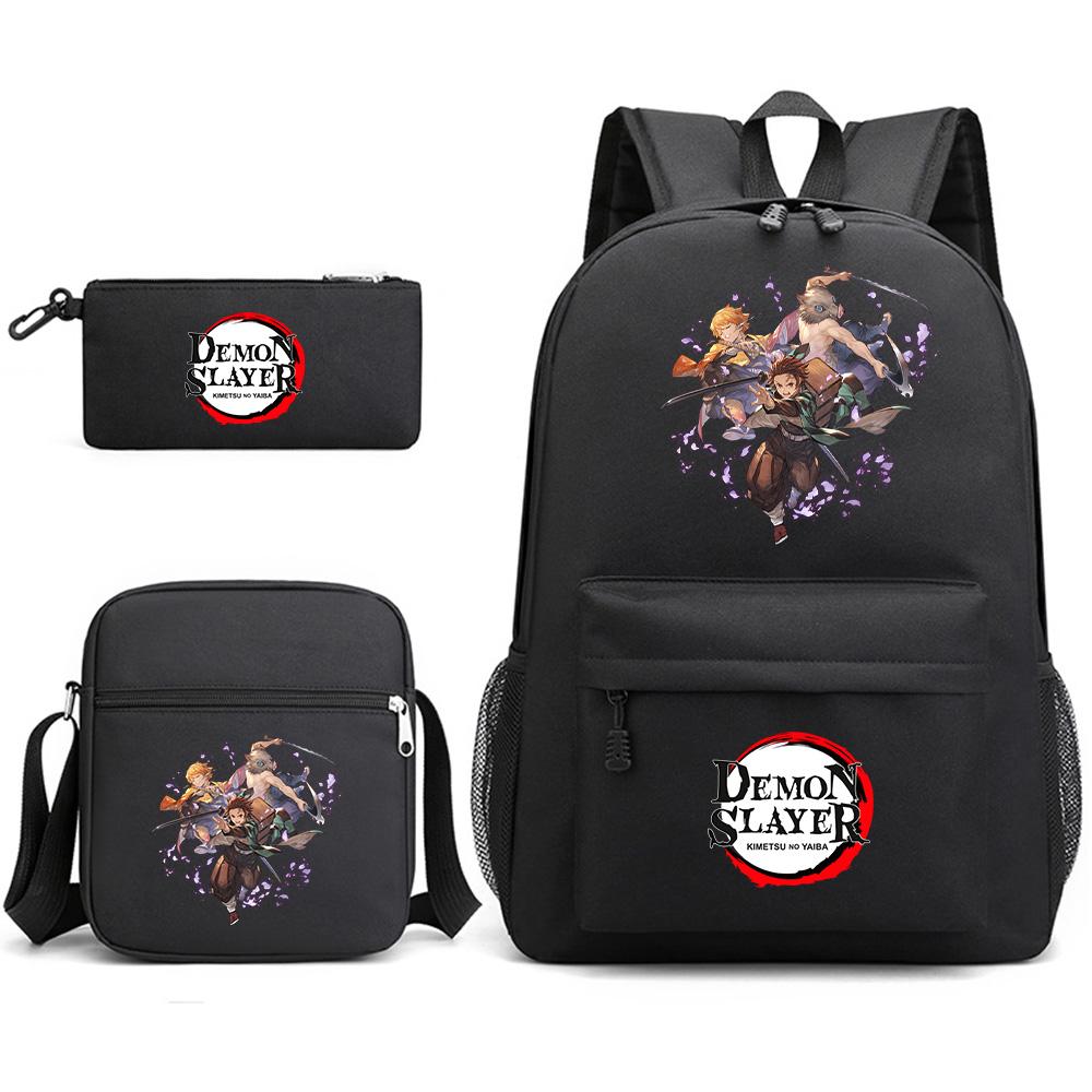 3Pcs/set Anime Demon Slayer Printed Backpack with Shoulder Bag Pencil Case for Teenager Student Boy Girl Waterproof Schoolbag
