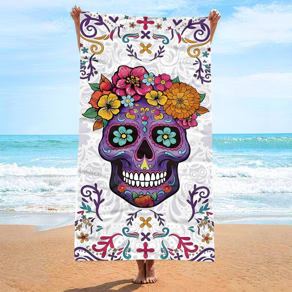 Sugar Skull Floral Beach Towel Day of The Dead Polyester Bath Towel Quick Dry Sandproof Blanket for Summer Swim Pool Travel