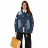 American Retro Embroidered Denim Jacket with Distressed Finish and Lapel, Unisex Street Style.
