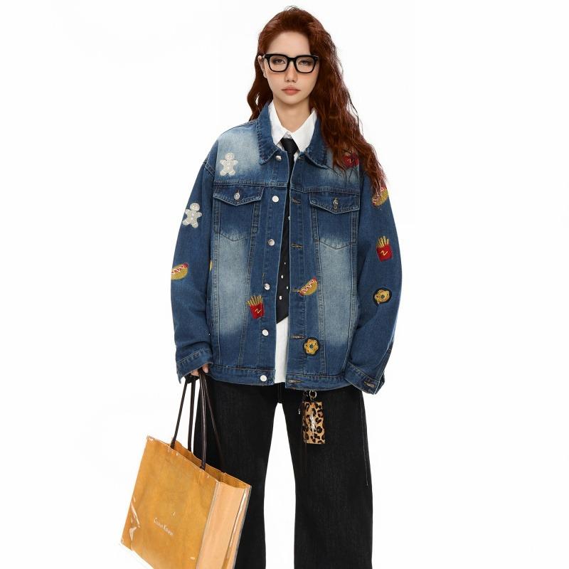 American Retro Embroidered Denim Jacket with Distressed Finish and Lapel, Unisex Street Style.