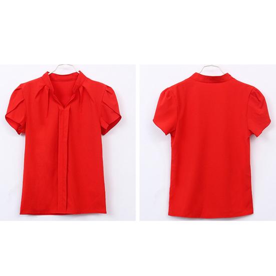 Sommer Chiffon Hemd V-Ausschnitt Blütenblatt Kurze Einfarbig Ärmel Pullover Tops Stehkragen Dünne Frauen Bluse