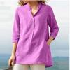 Women's Solid Color Cotton-Linen Pullover Shirt - Autumn 2021, 3/4 Sleeve, Stand-up Collar